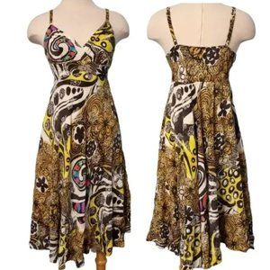Jams World Lava Blossoms Fit and Flare Dress Small Yellow/Multi-colored